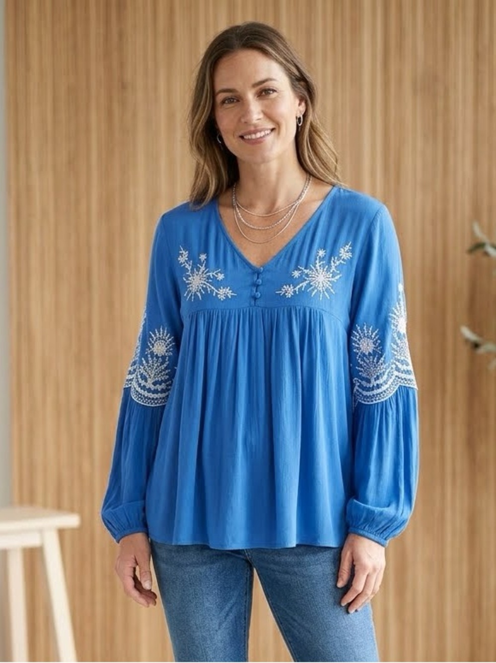 LOFT Vibrant Blue Embroidered Peasant Tunic Size M NWT